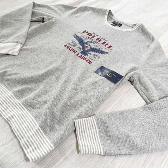 Polo Shirt Ralph Lauren Gray Polo Eagle Logo Waffle Knit Crewneck NWT - Picture 4 of 10